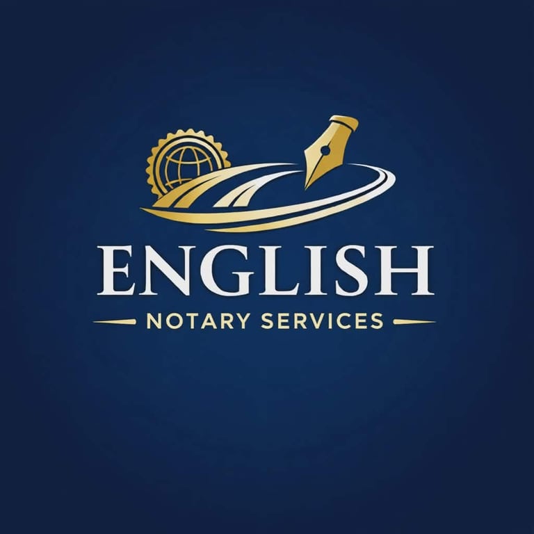 English Notary Services logo featuring globe, feather pen, and wave design on dark blue background