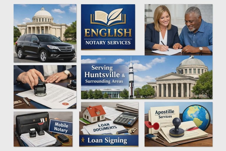 Collage of English Notary Services images showing vehicles, notary staff, documents, official seals, and Huntsville landmarks for mobile notary services